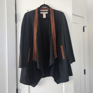 Georges Rech Wool And Leather Black and Brown Open Front Cardigan